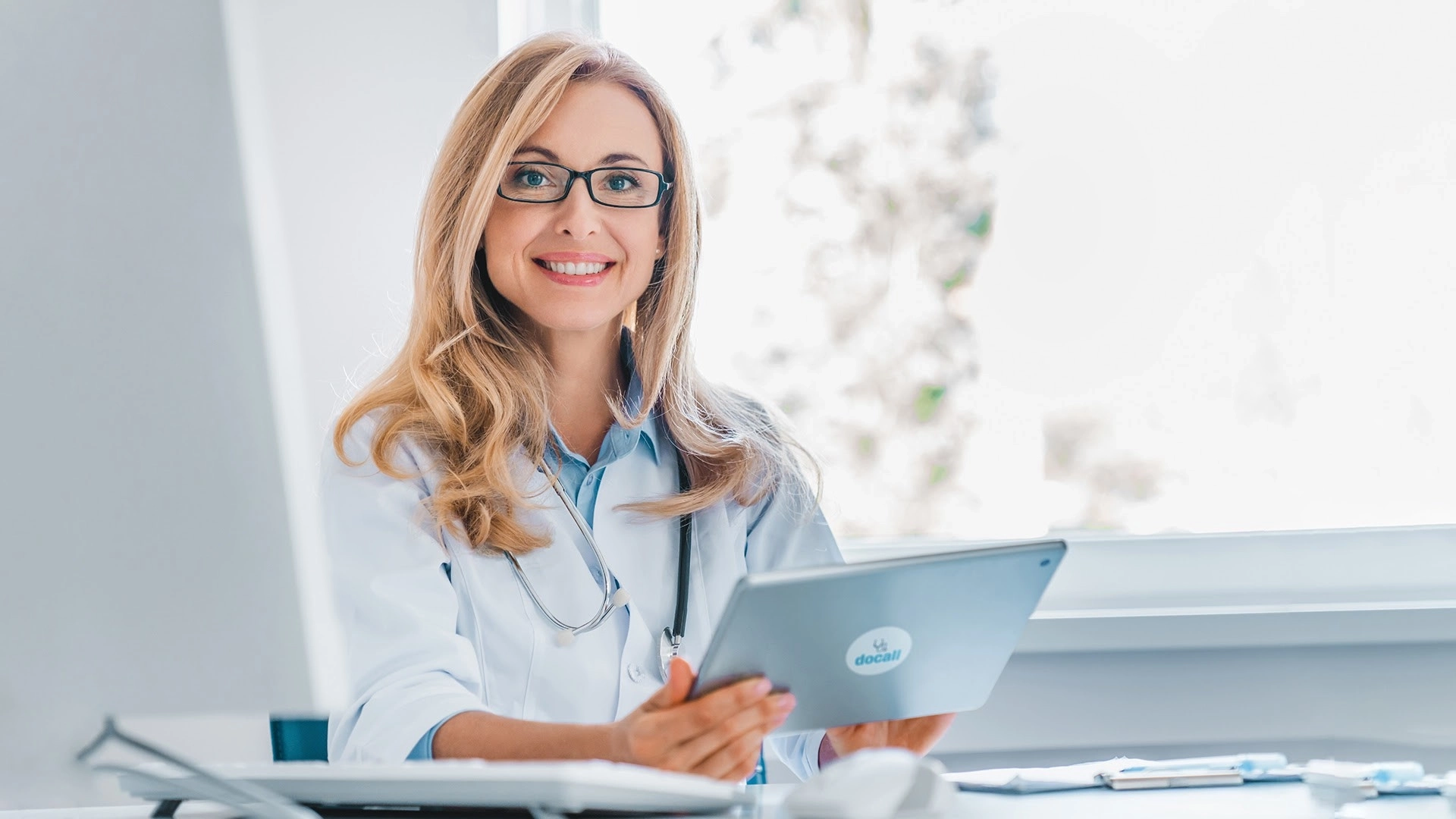 Dottoressa che usa Docall, software per la medicina del lavoro